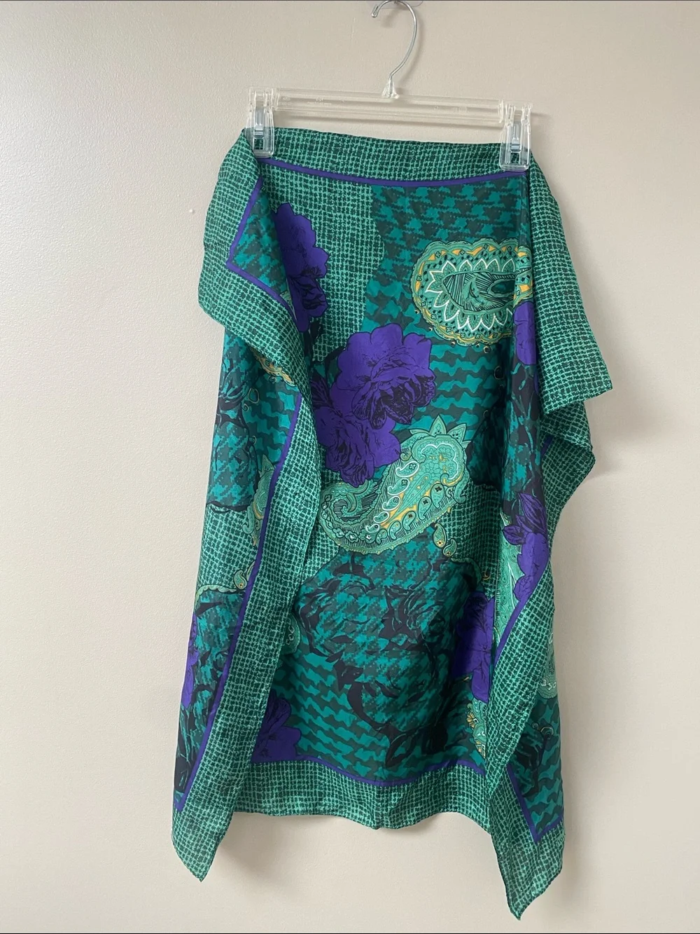 Vintage Christian Dior Purple rose Green Paisley-Print Silk Scarf